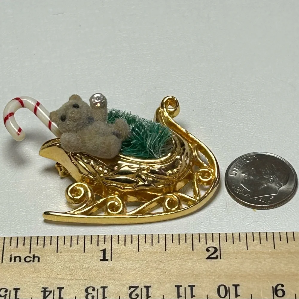 Vintage Gold Sleigh Teddy Bear Candy Cane Rhinestone Snowball Holiday Brooch Pin